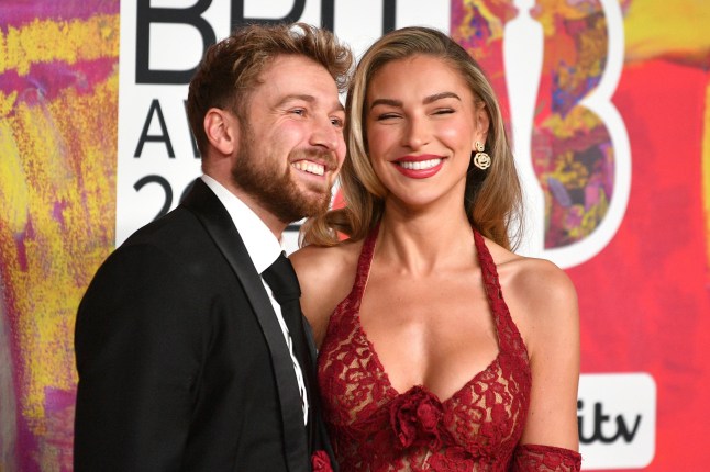 LONDON, ENGLAND - MARCH 02: (EDITORIAL USE ONLY. NO PUBLICATIONS DEVOTED EXCLUSIVELY TO THE ARTIST) Sam Thompson and Zara McDermott attend the BRIT Awards 2024 at The O2 Arena on March 02, 2024 in London, England. (Photo by Jim Dyson/Redferns)