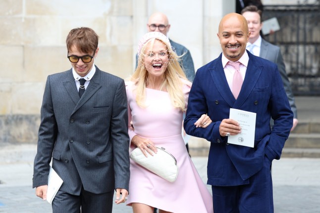 Emma Bunton, her partner Jade Jones and son Beau, leave following the wedding of Spice Girl Melanie Brown, Mel B, to fiance hairdresser Rory McPhee at St Paul's Cathedral, London. Picture date: Saturday July 5, 2025. PA Photo. Photo credit should read: Toby Shepheard/PA Wire