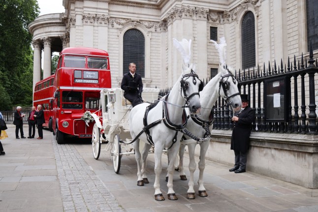 LONDON, ENGLAND - JULY 05: General view of the wedding bus and horse drawn carriage at Mel B and Rory McPhee's wedding at St Paul's Cathedral on July 05, 2025 in London, England. (Photo by Neil Mockford/GC Images)