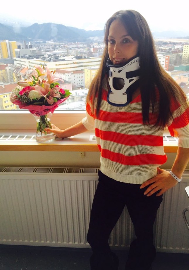 File screen grabbed image dated 16/2/2016 taken from the Twitter feed of Beth Tweddle (@bethtweddlenews) who is being discharged from hospital following neck surgery. The Olympic gymnast is taking legal action against the makers of The Jump after she fractured her vertebrae while taking part in the Channel 4 show. PRESS ASSOCIATION Photo. Issue date: Friday January 25, 2019. Tweddle had to undergo surgery on her neck and spinal cord after she crashed into a barrier following a training jump. See PA story SHOWBIZ Tweddle. Photo credit should read: @bethtweddlenews/PA Wire NOTE TO EDITORS: This handout photo may only be used in for editorial reporting purposes for the contemporaneous illustration of events, things or the people in the image or facts mentioned in the caption. Reuse of the picture may require further permission from the copyright holder.
