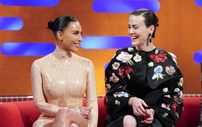 EDITORIAL USE ONLY Kim Kardashian and Sarah Paulson during filming for the Graham Norton Show, at BBC Studioworks 6 Television Centre, Wood Lane, London, to be aired on BBC One on Friday evening. Picture date: Thursday October 23, 2025. PA Photo. Photo credit should read: Ian West/PA Media Assignments