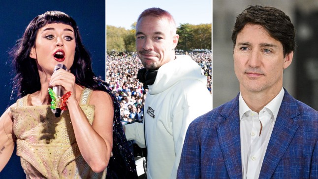 Katy Perry onstage singing, DJ Diplo pictured onstage and Justin Trudeau in a blue check jacket and white shirt