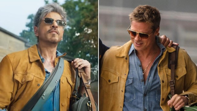 A compilation image of Shah Rukh Khan in King and Brad Pitt in F1. They are both wearing tan jackets and blue shirts with black sunglasses.