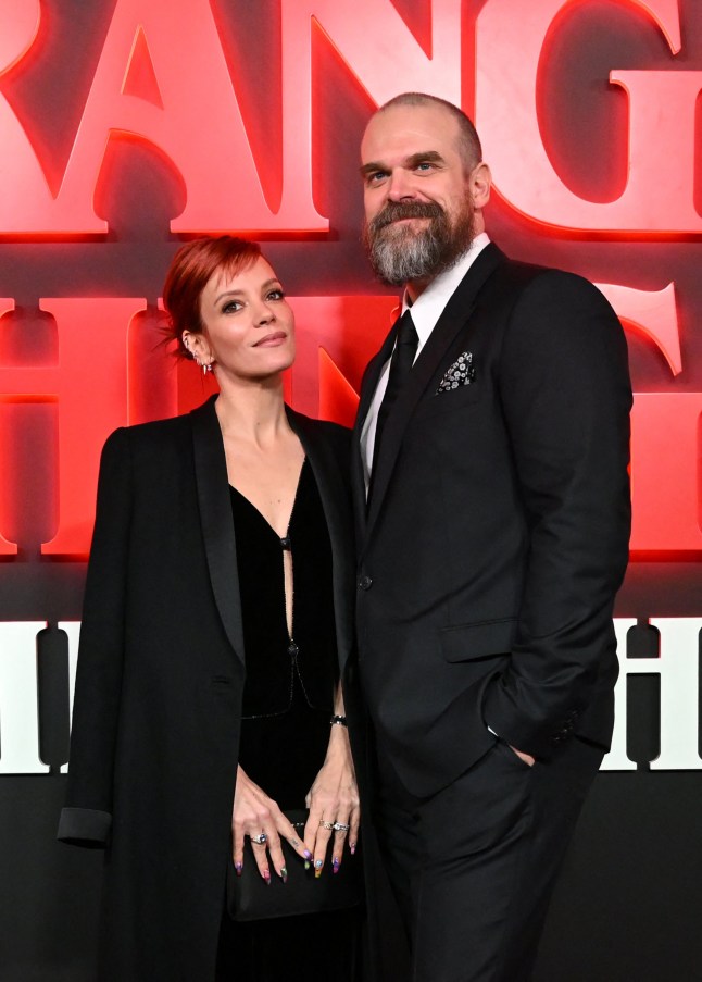 British singer Lily Allen and US actor David Harbour pose on the red carpet upon arrival to attend the West End world premiere of "Stranger Things: The Last Shadow" stage play at the Phoenix Threatre in central London on December 14, 2023. (Photo by JUSTIN TALLIS / AFP) (Photo by JUSTIN TALLIS/AFP via Getty Images)