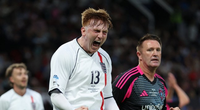 England's youtuber Morgan Burtwistle known as Angry Ginge reacts after making a clearance during the England XI v World XI charity football match for Soccer Aid for Unicef at Old Trafford in Manchester, north-west England on June 15, 2025. (Photo by Darren Staples / AFP) (Photo by DARREN STAPLES/AFP via Getty Images)