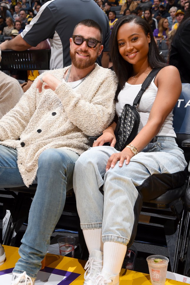 LOS ANGELES, CA - FEBRUARY 21: NFL Player, Travis Kelce, and Kayla Nicole pose for a photo during the game between the Los Angeles Lakers and the Memphis Grizzlies on February 21, 2020 at STAPLES Center in Los Angeles, California. NOTE TO USER: User expressly acknowledges and agrees that, by downloading and/or using this Photograph, user is consenting to the terms and conditions of the Getty Images License Agreement. Mandatory Copyright Notice: Copyright 2020 NBAE (Photo by Andrew D. Bernstein/NBAE via Getty Images)