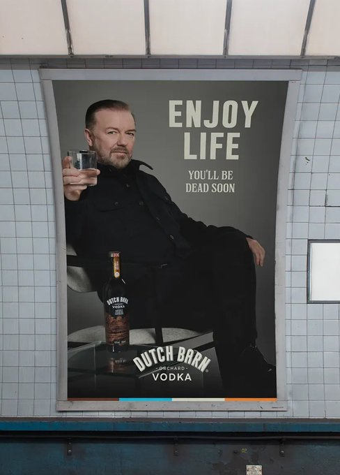 Picture posted to X by Ricky Gervais for Dutch Barn vodka.