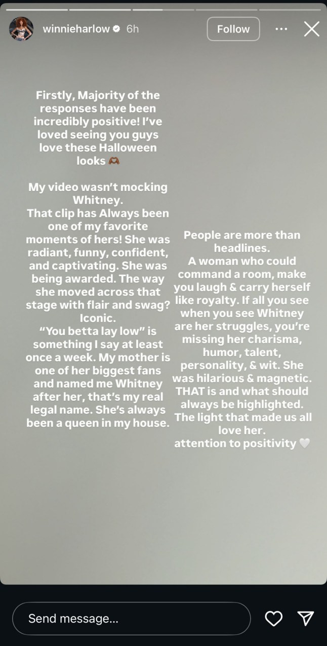 GRAB - IG Stories Whitney Houston fans SLAM Winnie Harlow apart for 'turning her pain into a Halloween costume'