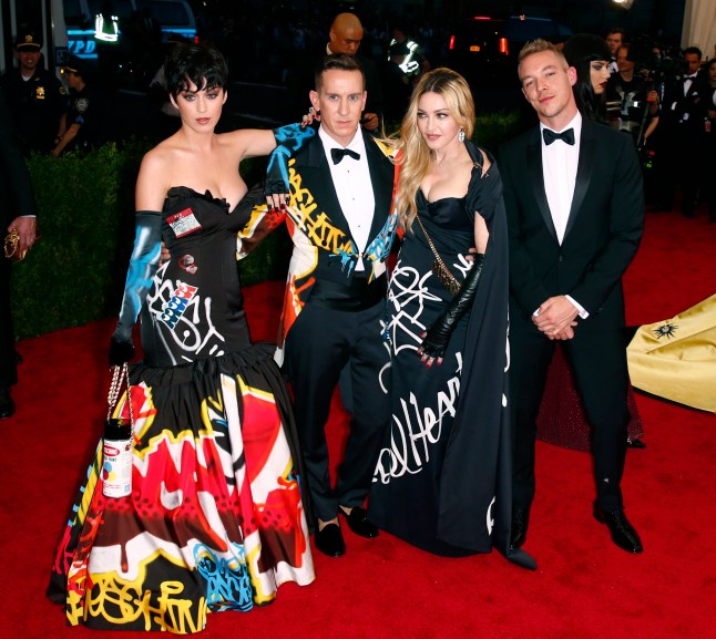 Katy Perry, designer Jeremy Scott, Madonna and musician Diplo (L-R) arrive at the Metropolitan Museum of Art Costume Institute Gala 2015 celebrating the opening of "China: Through the Looking Glass," in Manhattan, New York May 4, 2015. REUTERS/Lucas Jackson