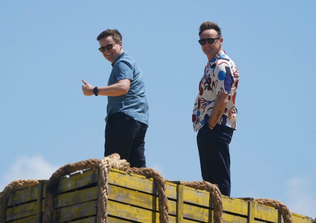 Im a celebrity get Me Out Of Here 2025 Kelly Brook, Shona McCarty, Eddie Kadi, Martin Kemp and Aitch parachute onto Evans head beach today with Ant and Dec watching from what looks like a castle