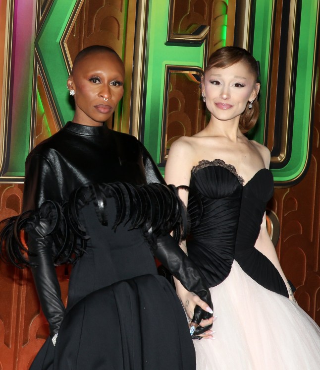 NEW YORK, NEW YORK - NOVEMBER 17: Cynthia Erivo and Ariana Grande pose during the New York City premiere of the film "Wicked: For Good" at David Geffen Hall on November 17, 2025 in New York City. (Photo by Bruce Glikas/FilmMagic)