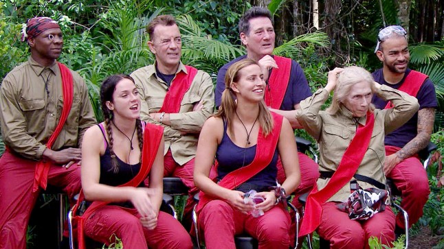 Contestants for the 2015 series of I'm A Celebrity... Get Me Out of Here! Chris Eubank, Vicky Pattison, Duncan Bannatyne, Tony Hadley, Lady Colin Campbell, Kieron Dyer. All sat with red sashes around them.