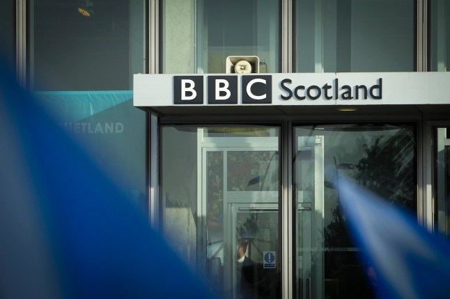 All under one banner members take part in a static Indy Ref2 rally outside the headquarters of BBC Scotland on September 17, 2020 in Glasgow, Scotland. The location of the rally was changed from George Square to Pacific Quay after BBC Scotland made the controversial decision to scale back there coverage of daily Covid-19 briefings in Scotland. (Photo by Ewan Bootman/NurPhoto via Getty Images)